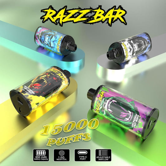 Razz Bar 15000 Puffs - 28mL, 5% Nic Salt, 12 Flavors, RGB Lights